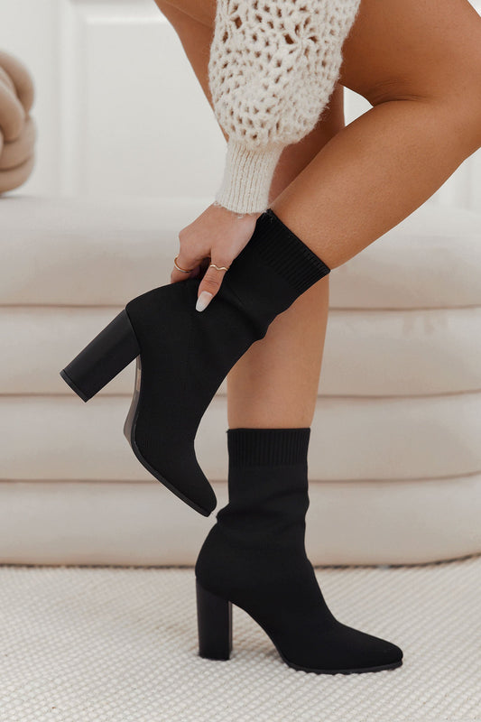 DIVA - Black sock ankle boots with block heel