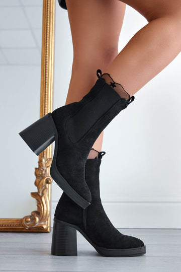 Black suede ankle boots with side elastic