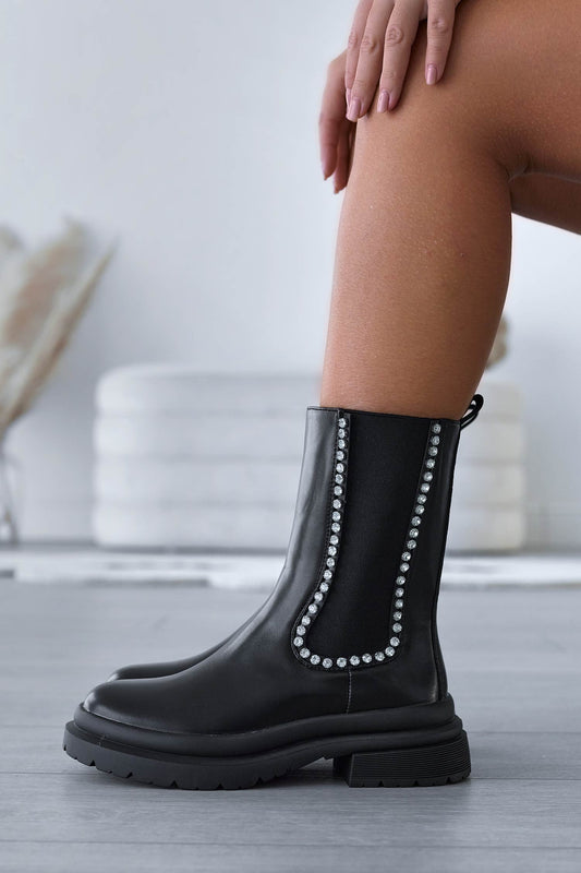 GIRONA - Bottines noires avec élastique et bordure strass