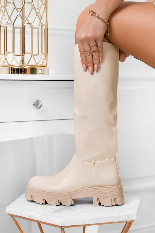 INGRID - Beige faux leather boots with chunky sole