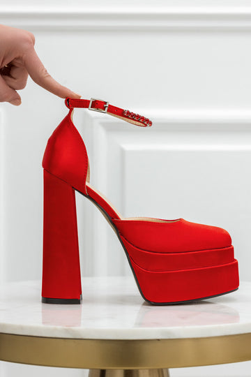 MANILA - Red satin pumps with high heel, platform, and jeweled strap