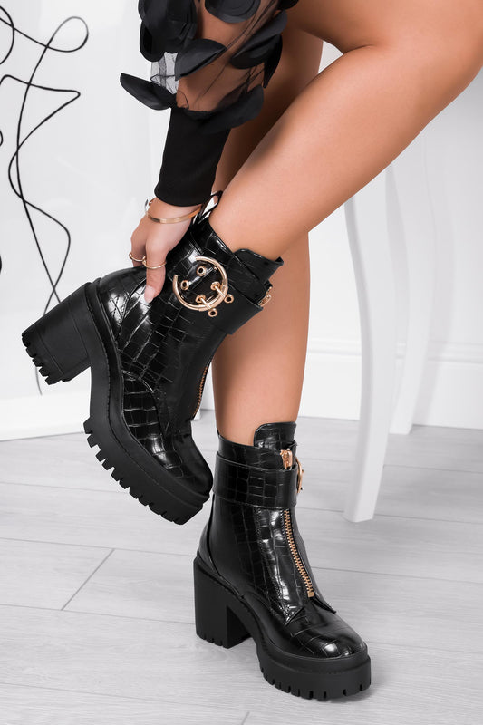 MARTA - Black ankle boots with crocodile print zip and golden buckle