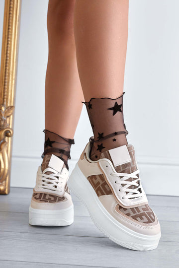 Beige sneakers with patterned fabric inserts