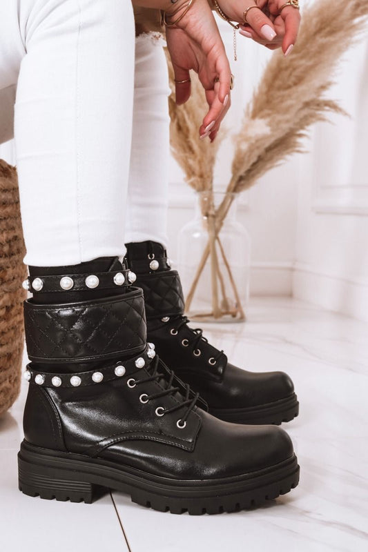 DIXON - Black lace up ankle boots with pearls